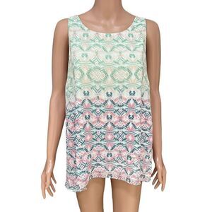 Cabi Tank Top Blouse Mosaic Print Heart Style Size M Green Pink Blue
